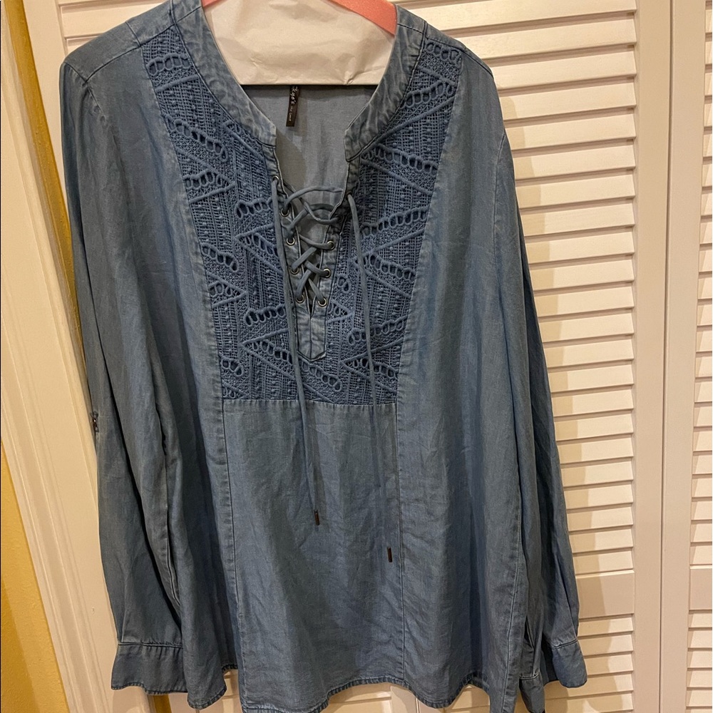 Blue long sleeve shirt. Size L.  Sizes the limit.